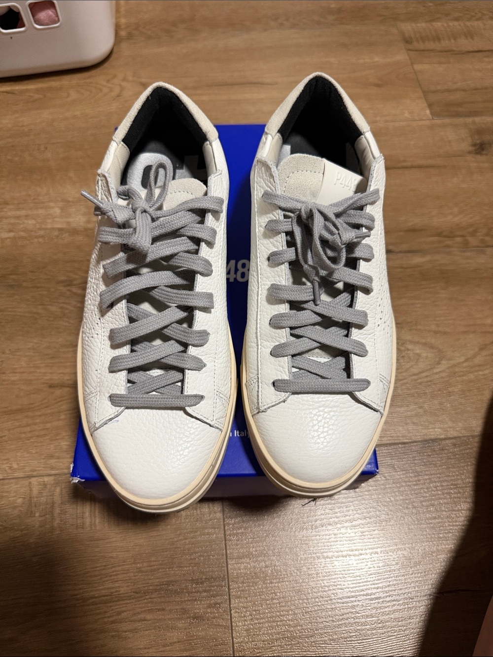 P448 White Leather Low-Top Sneakers with Gray Laces